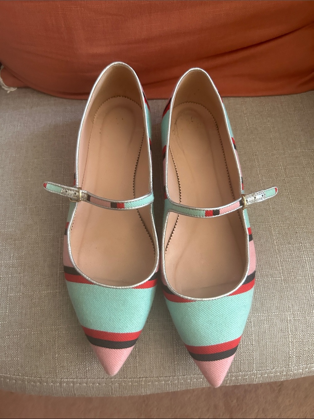 J. Crew Striped Pointed Mary Jane Flats in Mint, Pink & Red